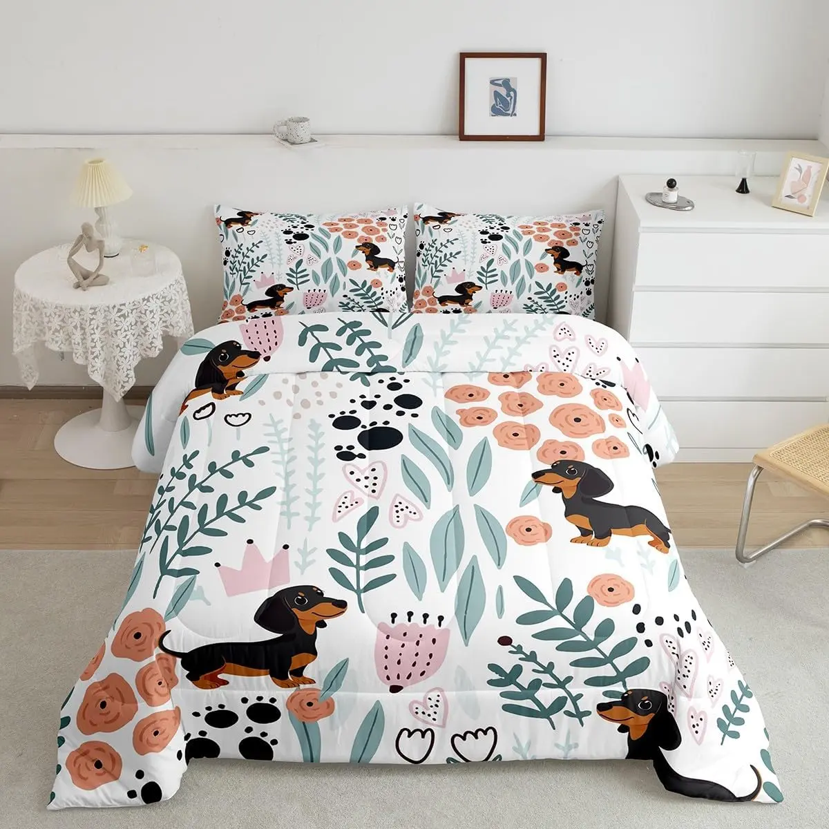 Feelyou Kawaii Dachshund Floral Bedding Set - Animal-Themed Duvet & Set, Cozy Setup, Soft Warm Kids Bedding, Breathable Travel-Friendly Quilt Cover with Heart Leaf & Paw Prints, King/Queen Sizes