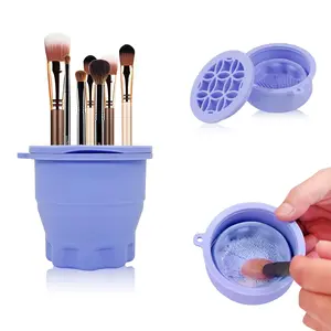 2-in-1 Silicone Makeup Brush Cleaner Mat with Foldable Drying Holder – Portable Makeup Brush Cleaning Tool for Brushes, Sponges & Powder Puffs – Travel-Friendly Cosmetic Organizer (Blue)