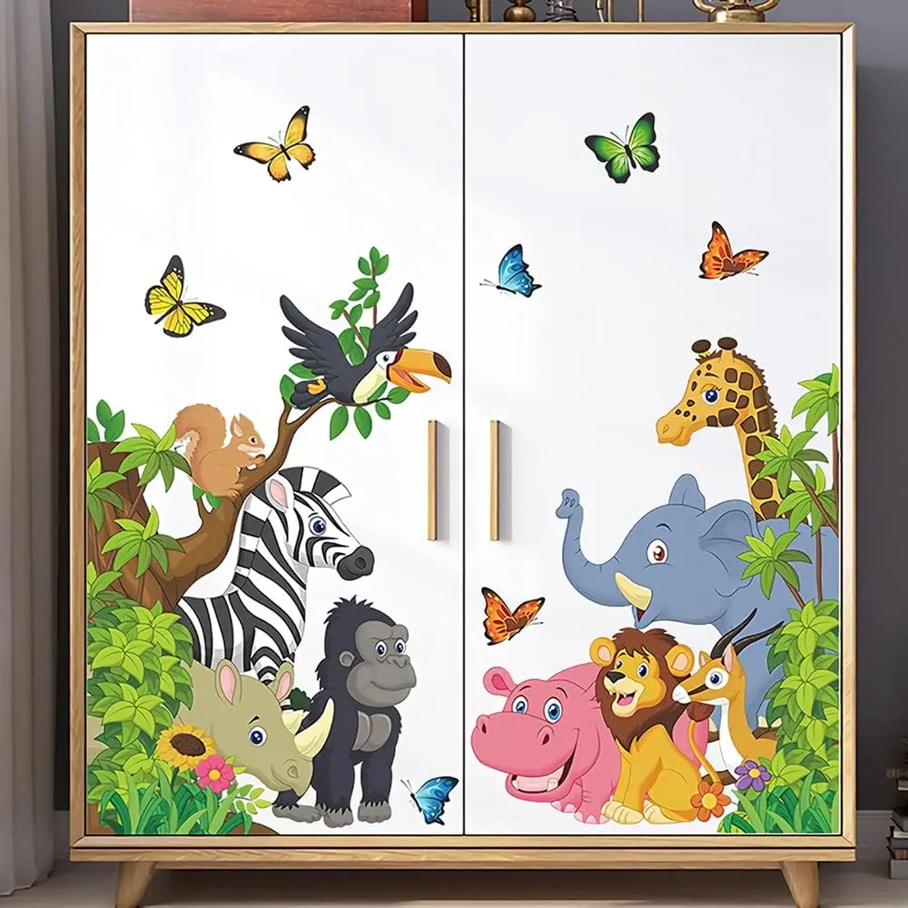 F-WPA10  Cartoon Animal Wall Decal Jungle Animals Wall Stickers Elephant Lion Zebra Butterfly Wall Decor for Kids Baby DIY Vinyl Mural Art for Nursery Bedroom Living Room Playroom