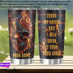 20oz Personalized Skull Flame Insulated Stainless Steel Travel Mug – Customized, Portable, BPA-Free, Reusable with Handle, Lid & Straw, Custom Name/Text, Perfect for Halloween & Christmas Gifts (Drinkware for Men)