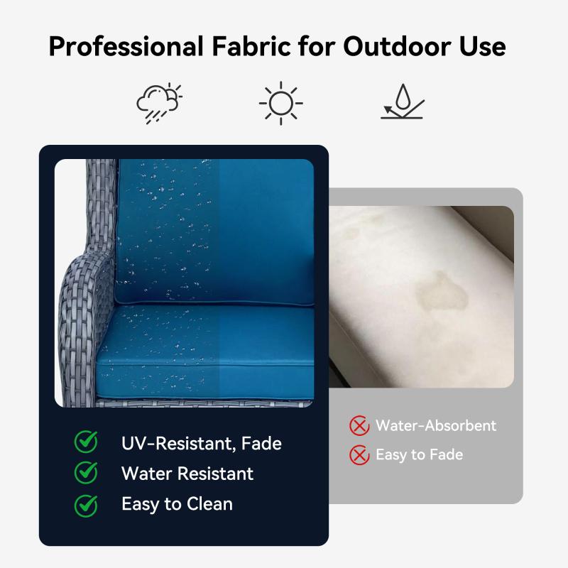 Outdoor Swivel Rocker Chairs 3 Pieces Wicker Swivel Patio Chair with Rattan Side Table, Wicker Patio Furniture Set, 3 Piece Rattan Outdoor Sectional Conversation Sets 2 Piece Wicker Hang gliding  Chairs and 1 Side Table, Blue+Grey