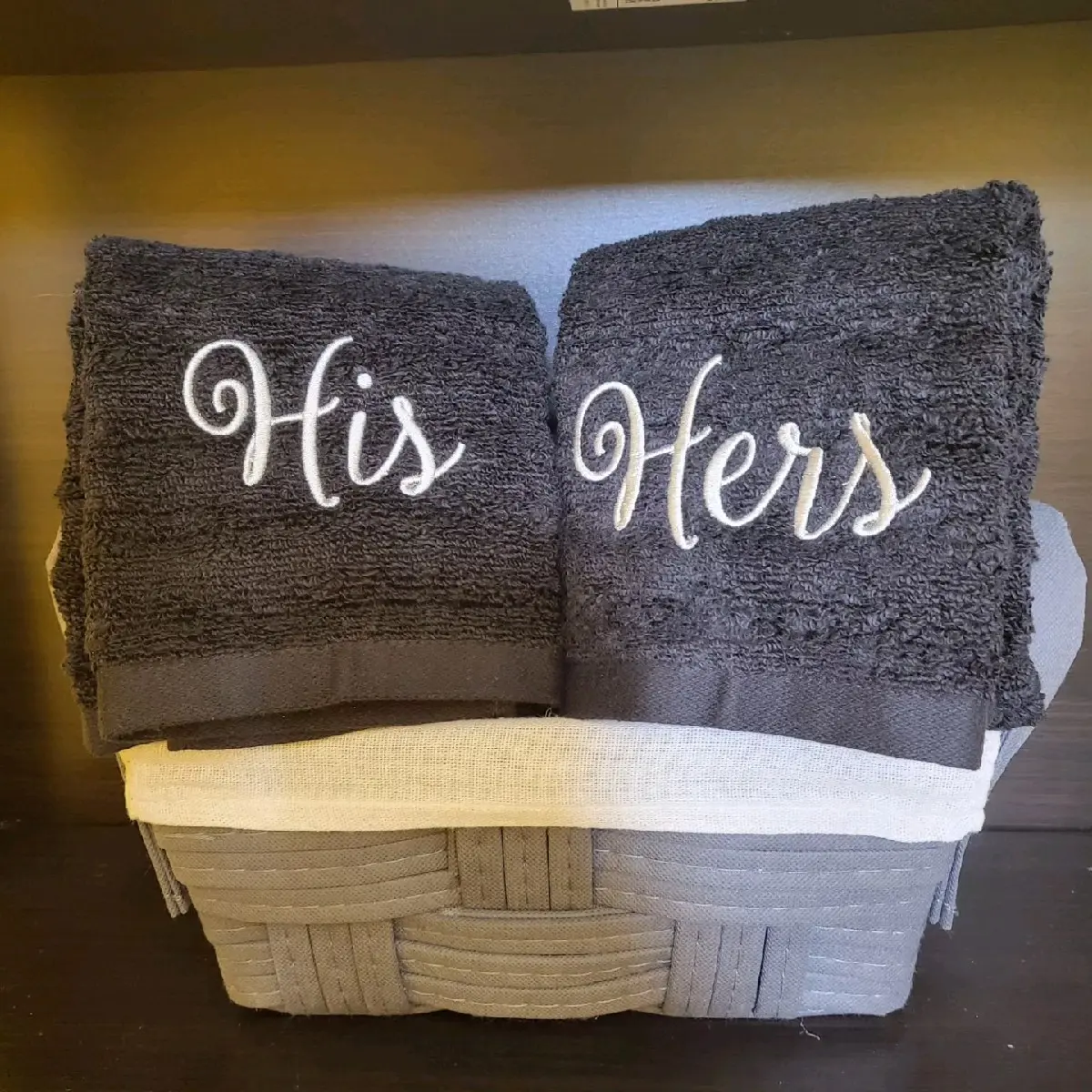 His and Hers embroidered towels. His and Hers embroidered towels.