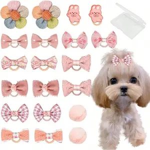 20 Pcs Small Dog Hair Bows With Rubber Bands Handmade Puppy Hair Bows Cute Grooming Flower Ball Bowknot Top Knot Dog Hair Accessories Hair Ties For Yorkie Maltese Pet Pink