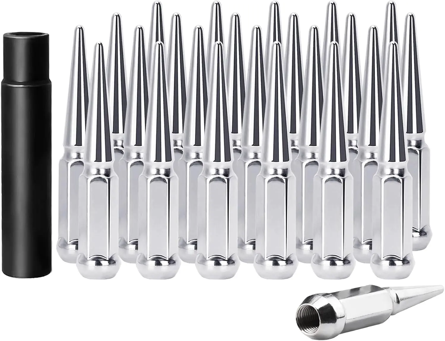 M14x1.5 Closed End Conical Seat Spike Lug Nuts, 24pcs, 3/4" Hex, 4.4" OAL, Dedicated Socket Key, For Silverado Sierra 1500 Aftermarket Wheels, Rust & Corrosion Resistant