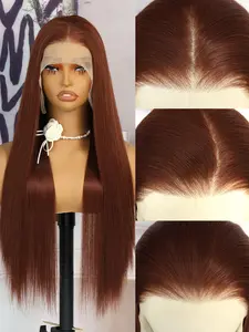 Aodbar hairs Cooper Red Long Silky Straight Lace Wig 13*6 HD Transparent Lace Frontal Synthetic Hair Gluleless Reddish Brown Color Hair for Women Cooper Hair for Daily,Party Use