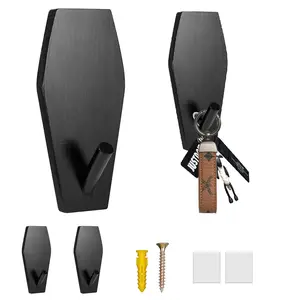 Coffin Wall Hooks Set of 4 - Black Wooden Hanger for Mugs, Purse, Towel, Clothes & Gothic Decor for Kitchen Bathroom Living Room or Bedroom Gift Hanging Light