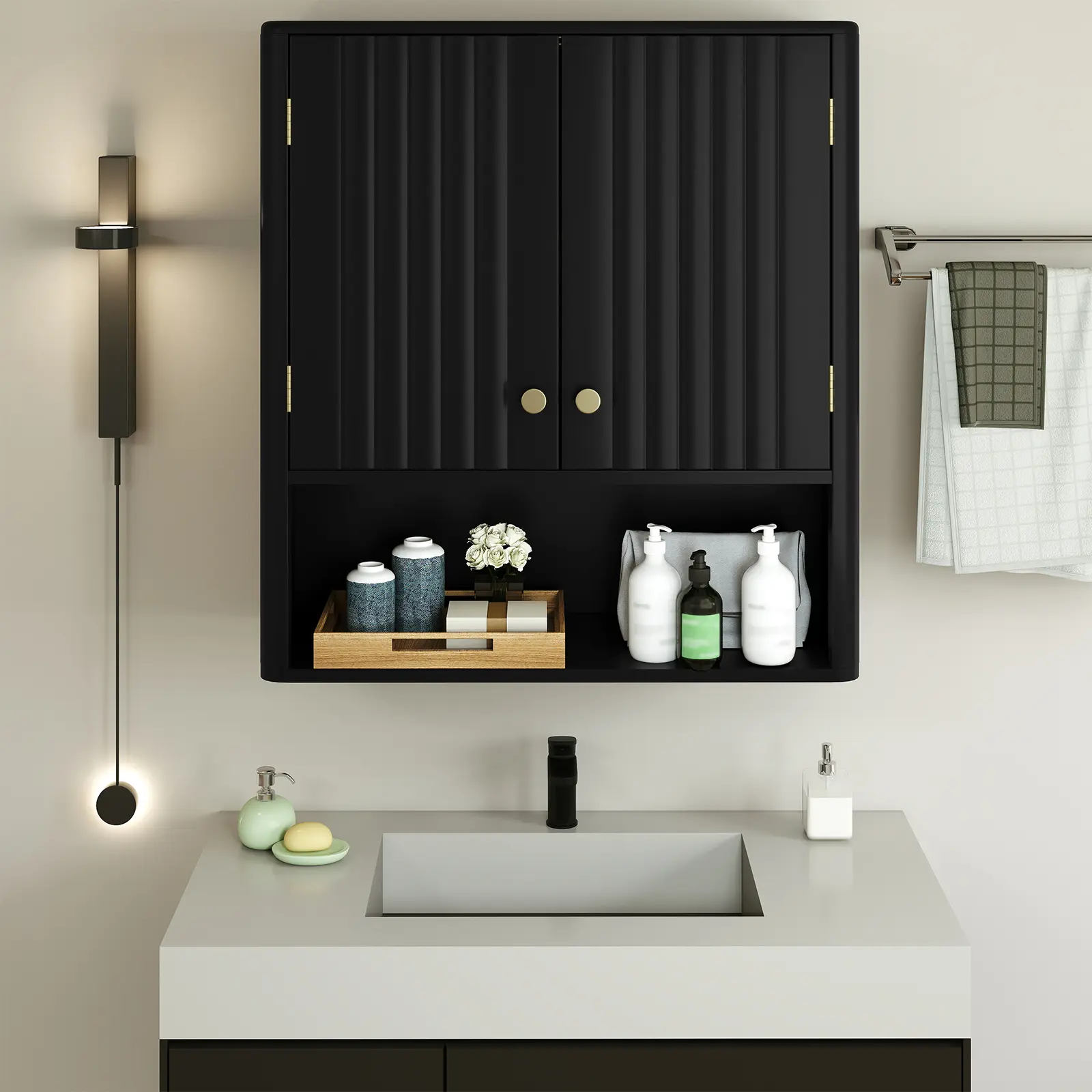 COSTWAY - Fluted Bathroom Wall Cabinet with Open Shelf-Black COSTWAY - Fluted Bathroom Wall Cabinet with Open Shelf-Black