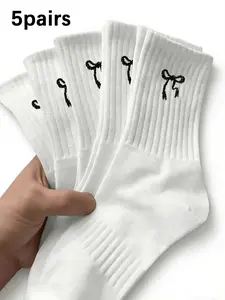 Women's Bowknot Mid-Calf Socks, 5 Pairs, Comfortable Soft Sports Socks, Sweat-Wicking, Suitable for Daily Wear, Party, All Seasons, Fitted Casual Socks