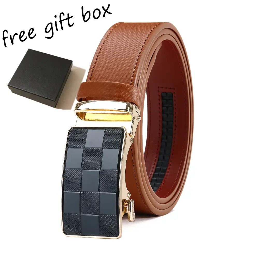 Luxury checkered pattern buckle men’s leather ratchet belt with free gift packaging, multi-color adjustable slide belt perfect for formal events, daily wear and gifts for men