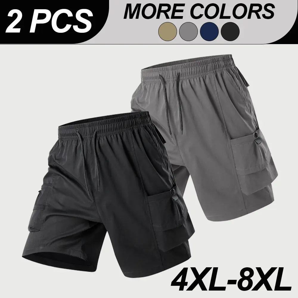 4XL–8XL Extra Large Men’s Cargo Straight Shorts — Drawstring Elastic Waist, Spacious 3D Pockets, Adjustable Elastic at Waist; Plus Size, Comfortable and Breathable Straight Cargo Shorts, suitable for daily outings, casual wear, and commuting—versatile.