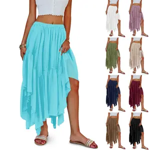 Imily Bela Womens Summer Sexy Elegant Boho Maxi Skirt Casual Asymmetric Hem Flowy Bohemia Vacation Beach Long Skirts