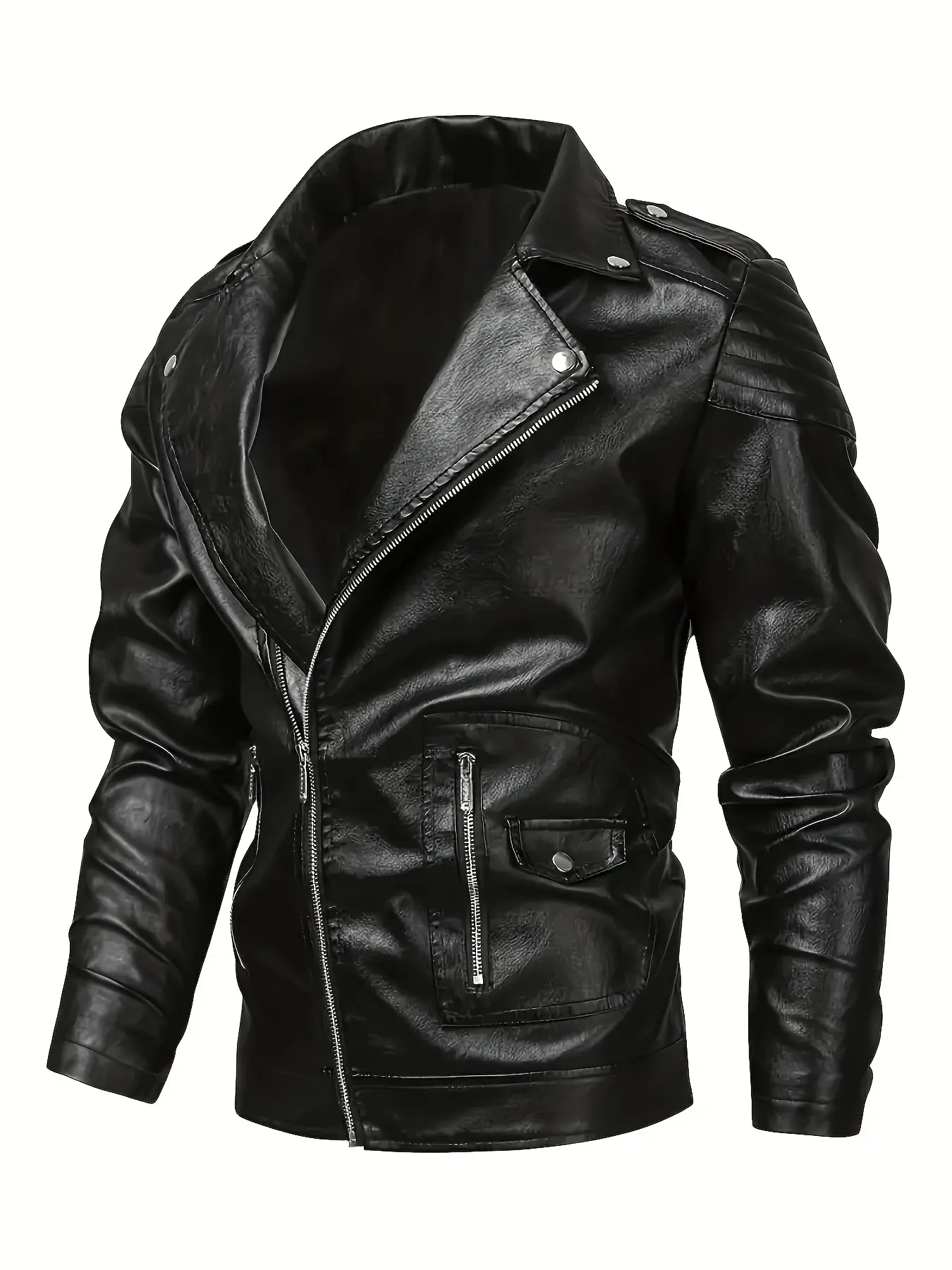 100% synthetic leather men’s zip-front motorcycle jacket — classic PU leather vintage biker style outerwear, slim fit with multiple pockets, streetwear brand PU leather jacket, versatile retro biker style men’s leather jacket (100% PU synthetic leather).