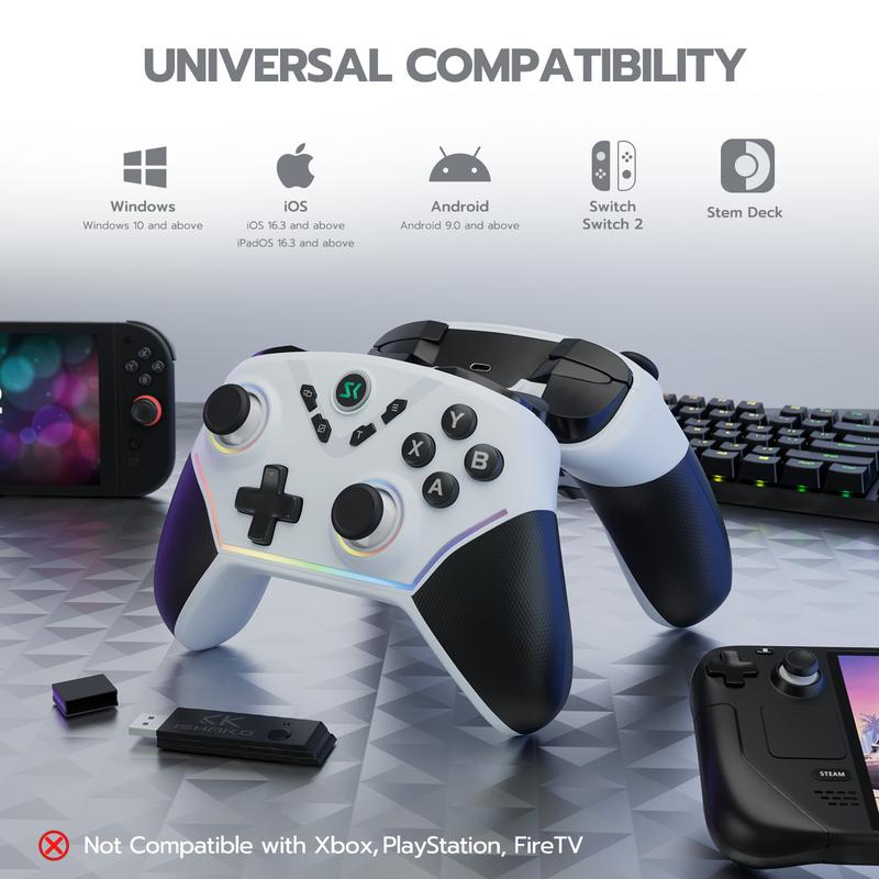 Pro Wireless Gaming Controller – RGB Backlit, Hall Effect Joysticks (2-Stage), 1000Hz Polling Rate, 6-Axis Motion Sensor & Mech Buttons – Works with PC, Nintendo Switch, Steam, Android