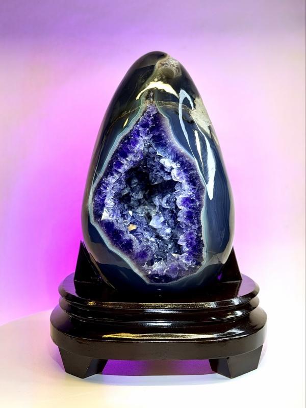 Natural Brazilian Amethyst Geode Standing Egg 10" Polished Agate with Custom Hardwood Display Stand for Home Decor at 8lbs | purple crystal natural amethyst supplier