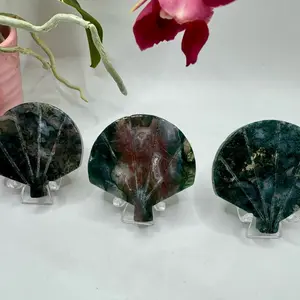 Moss Agate Carvings ~ Fan Shaped Leaf and Apple carving~ Natural Crystal stone ~ Stone of New Beginnings ~ stone of Mother Gaia~ Gardener Stones
