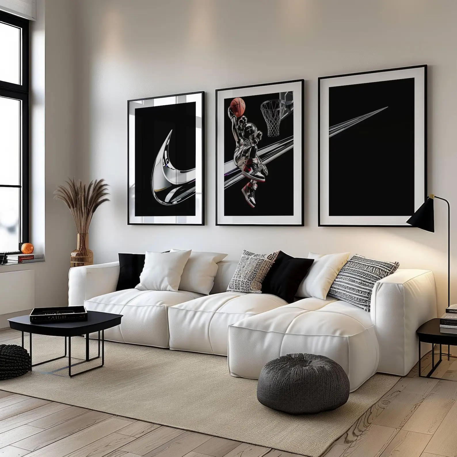Luxury Basketball Metallic Silver Dunk Sculpture Print, Modern Sports Wall Decor, Contemporary Black-Silver Home Poster