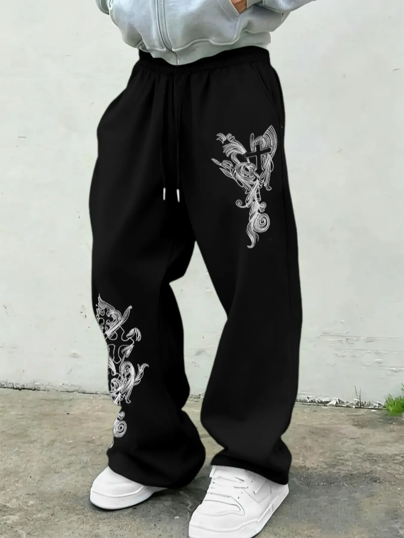 Men's Dark Religious Totem Print Loose Fit Pants, Street Style Streetwear Casual Long Pants, Fitted H-Type, All Seasons Fashion Casual Stylish Clothing, Casual Streetwear Trousers