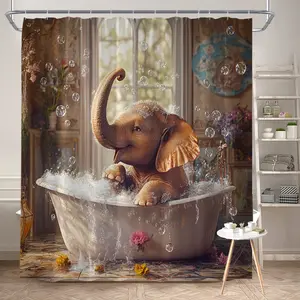 1Pc Cute Elephant Bath Curtain Fun Baby Animal Shower Curtain Polyester Fabric Bathroom Decor Bathtub Partition Hanging Curtain with 12 Hooks 70.8x70.8 Inch