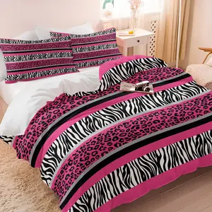 2/3Pcs Pink Leopard & Zebra Print Duvet Cover Set No Filler, Bold Animal Stripe Comforter Cover Bedding Set, Glam Y2K Style Bedding for Teen Girls Adults Bedroom, Vibrant Trendy Home Decor