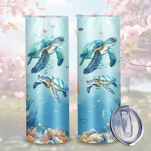 1pc 20Oz Stainless Steel Straight Cup with a Lid, Featuring Ocean World Turtle Print, Double-Layer Insulation And Heat Preservation, Suitable for Outdoor Travel, Office Use And Car Use, Is a Great Gift for Friends, Straight Cup Coffee Cup