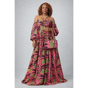 Pink Ankara Lime Green Acorn Off Shoulder Sleeve Maxi Gown