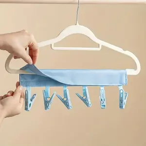 (3PCS) 6 Clips Foldable Travel Hanger, Portable Fabric Strap Clothes Hanger with Strong Clips, Multi-Purpose Organizer for Socks, Underwear, Bras & Towels, Ideal for Wardrobe & Trips