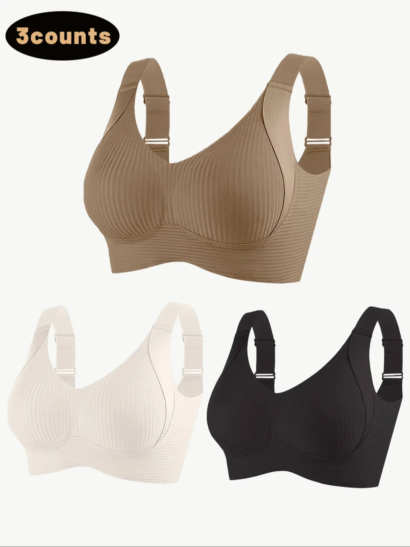 Women's Wireless Bra Set, Comfortable Fit Smooth Seamless Minimalist Basic Breathable Full-Coverage Mesh Bras, Adjustable Contrast Straps, Medium Support, All Seasons, Pack Bras