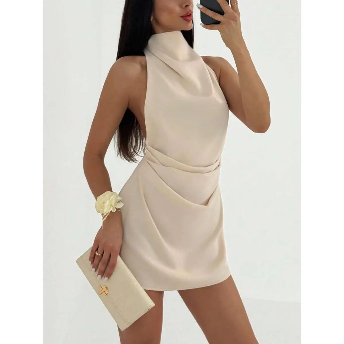 Minimalist High-End Backless Criss-Cross Apricot Mini Pleated Dress,Party Dresses For Women,Club Outfits Women Sexy