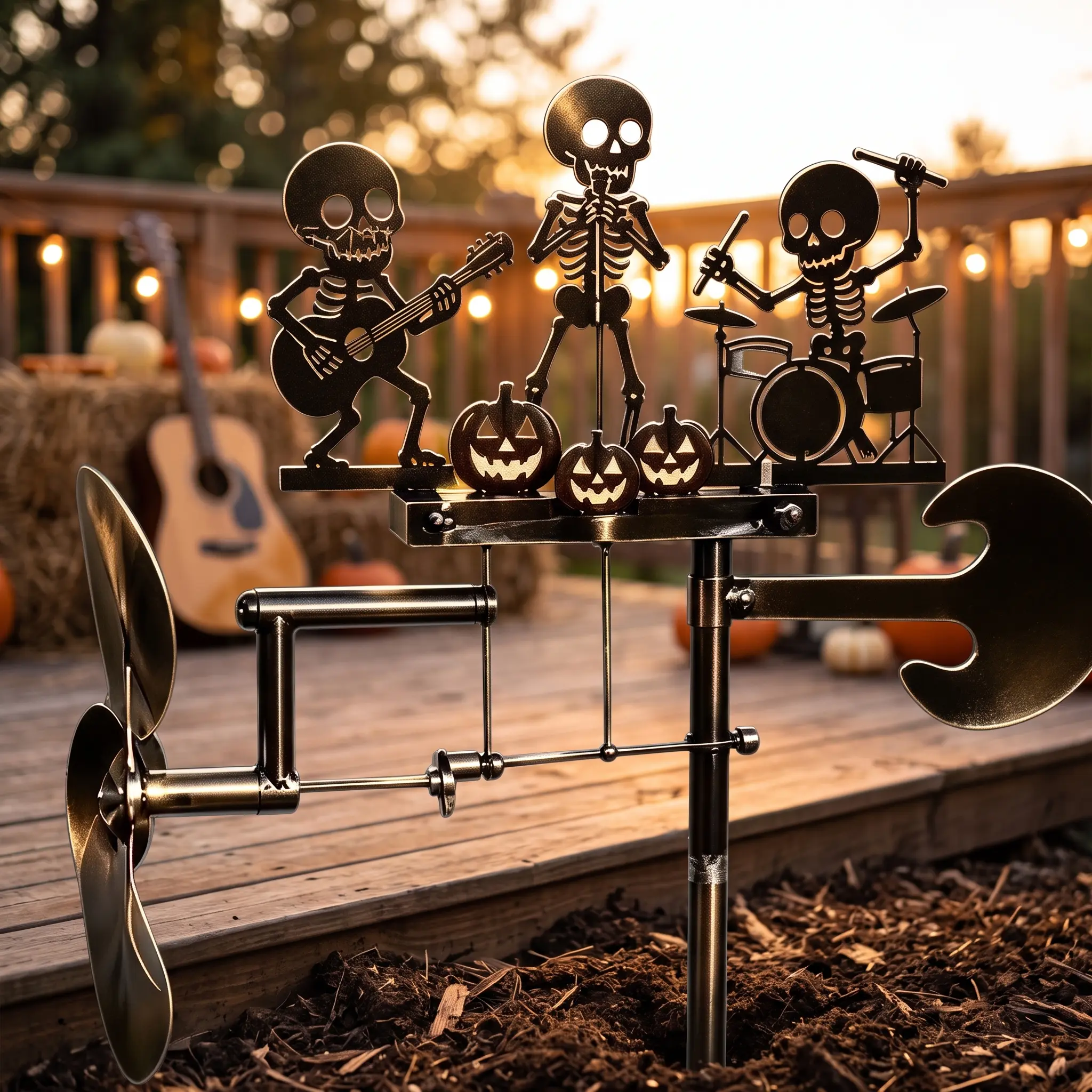 【SummerWins】Halloween Skeleton Band Kinetic Wind Spinner, Vintage Copper Finish Metal Garden Stake with Wind-Driven Spinning Blades, Animated Moving Musician Decor for Lawn & Patio