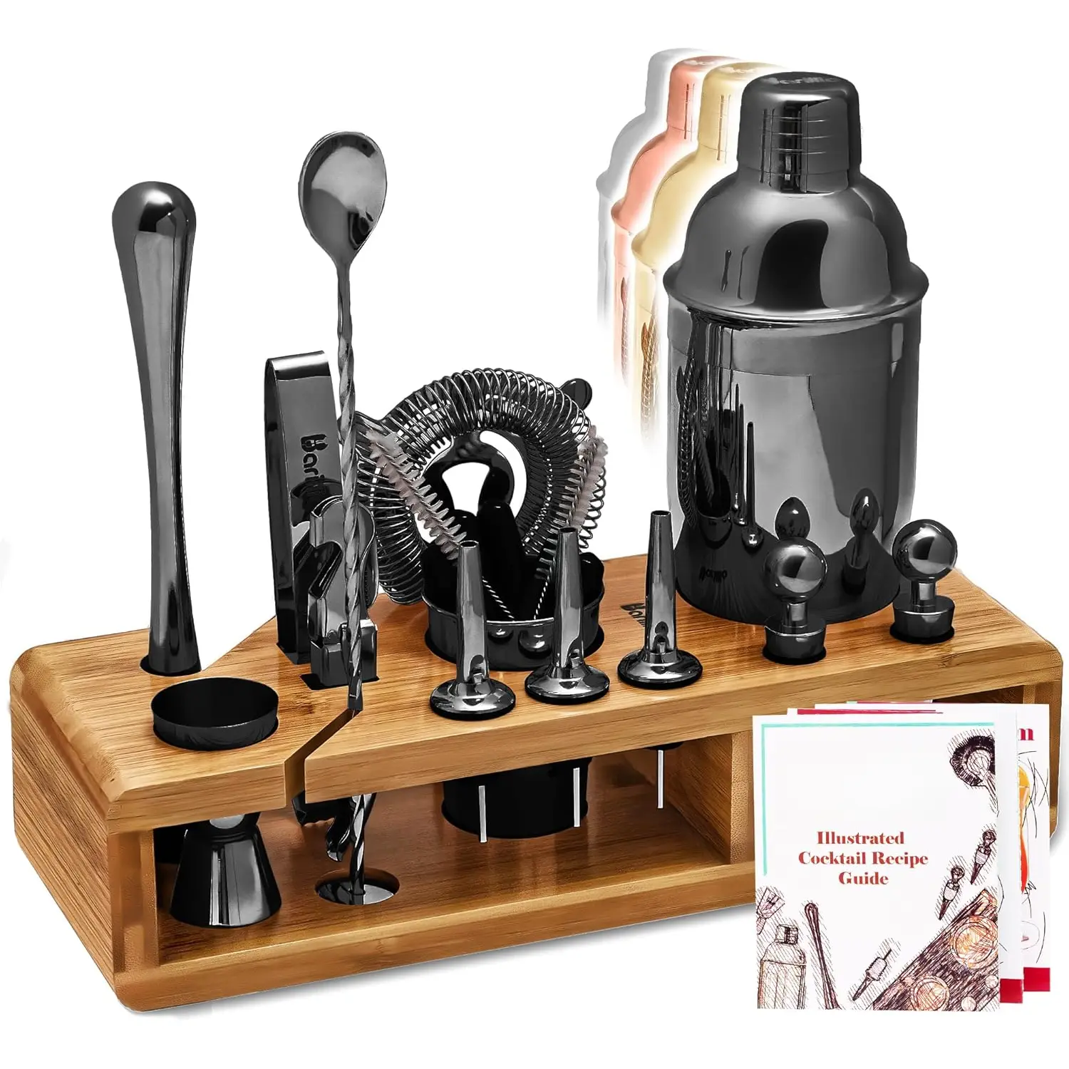 Black Bartender Kit - Stainless-Steel  Shaker Set w/ Stand - Mixology Bar Tools w/Drink Shaker, Mixer Spoon & Muddler for  -  Bar Accessories - 23-Pc Bar Set