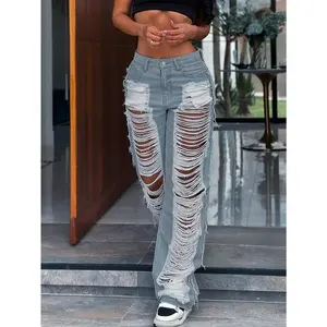 Women's fashionable casual loose straight leg pants, ripped jeans, suitable for returning students, school opening ceremonies, teacher attire, parties, birthday parties, rebellious girls, celebrations, music festivals, concerts