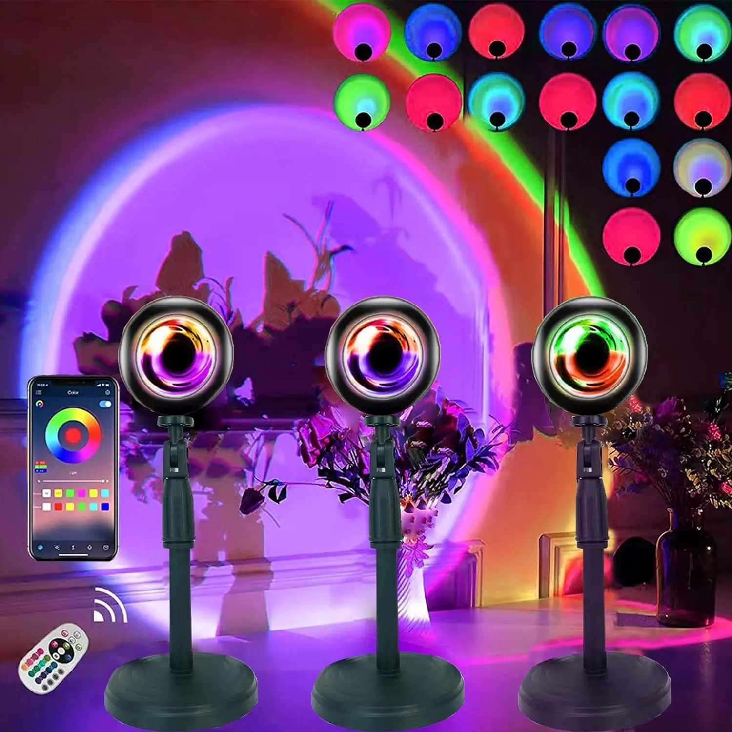 REEMEER Sunset Lamp Projection, 16 Colors Changing Projector LED Lights Floor Lamp Room Decor Night Light 360 Degree Rotation for Christmas Decorations Photography/Party/Home Decor Sunset Lamps