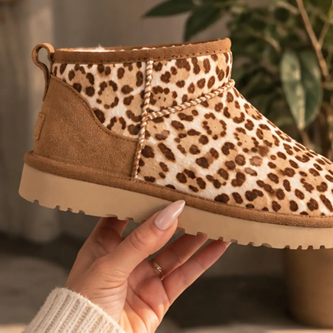 UGG Women's Classic Ultra Mini Caspian Boot Cheetah Print Calf Hair, (NO BOX INCLUDED) Leopard Spotted Ankle Bootie with Plush Wool Lining
