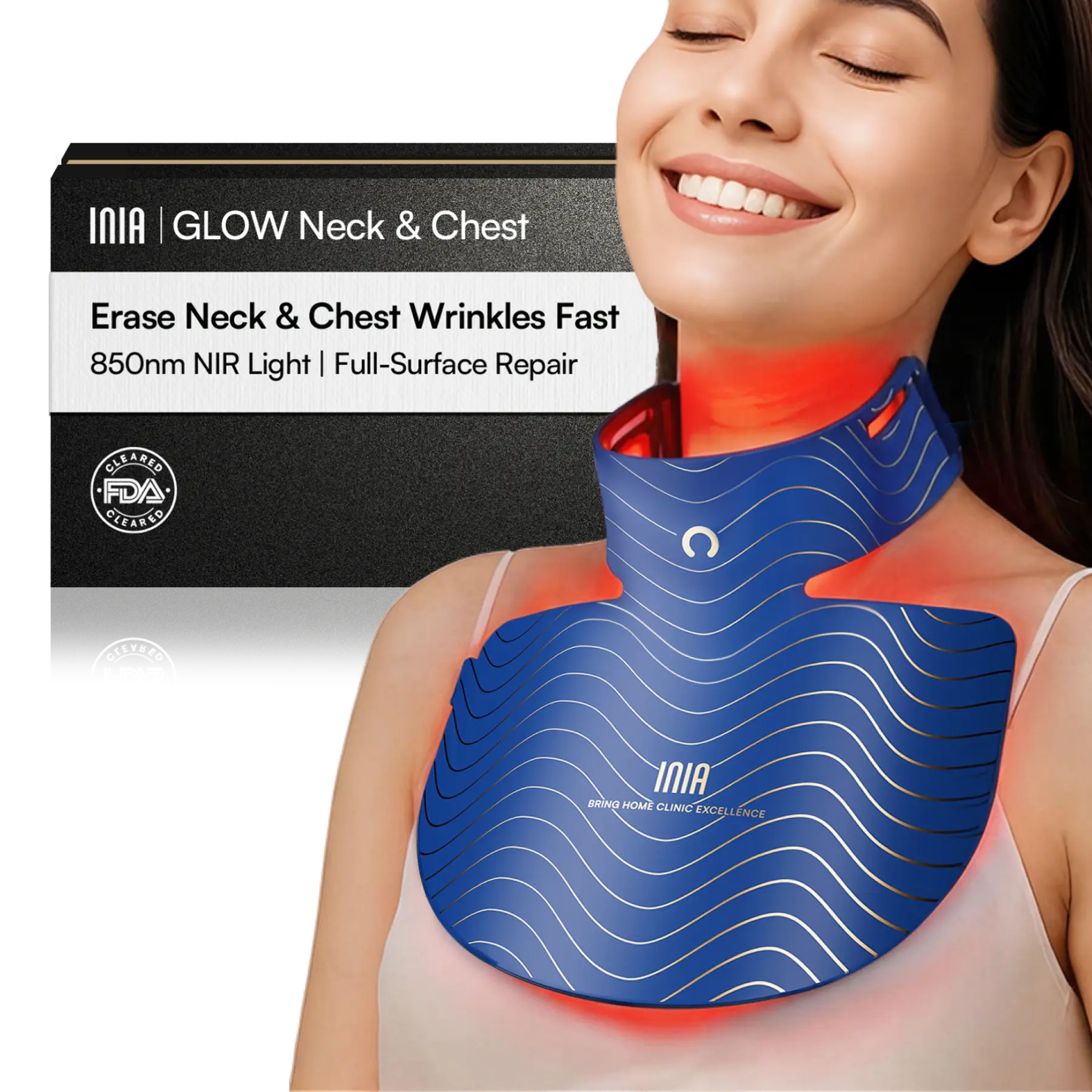 [New Color Drop] INIA GLOW Neck & Chest Red Light Mask – 850nm NIR LED Mask for Wrinkle & Spot Reduction, Lift & Firm in 4 Weeks, Rechargeable 2600mAh Controller, Clinic-Grade Full Coverage, Summer Beauty Gift Ideas