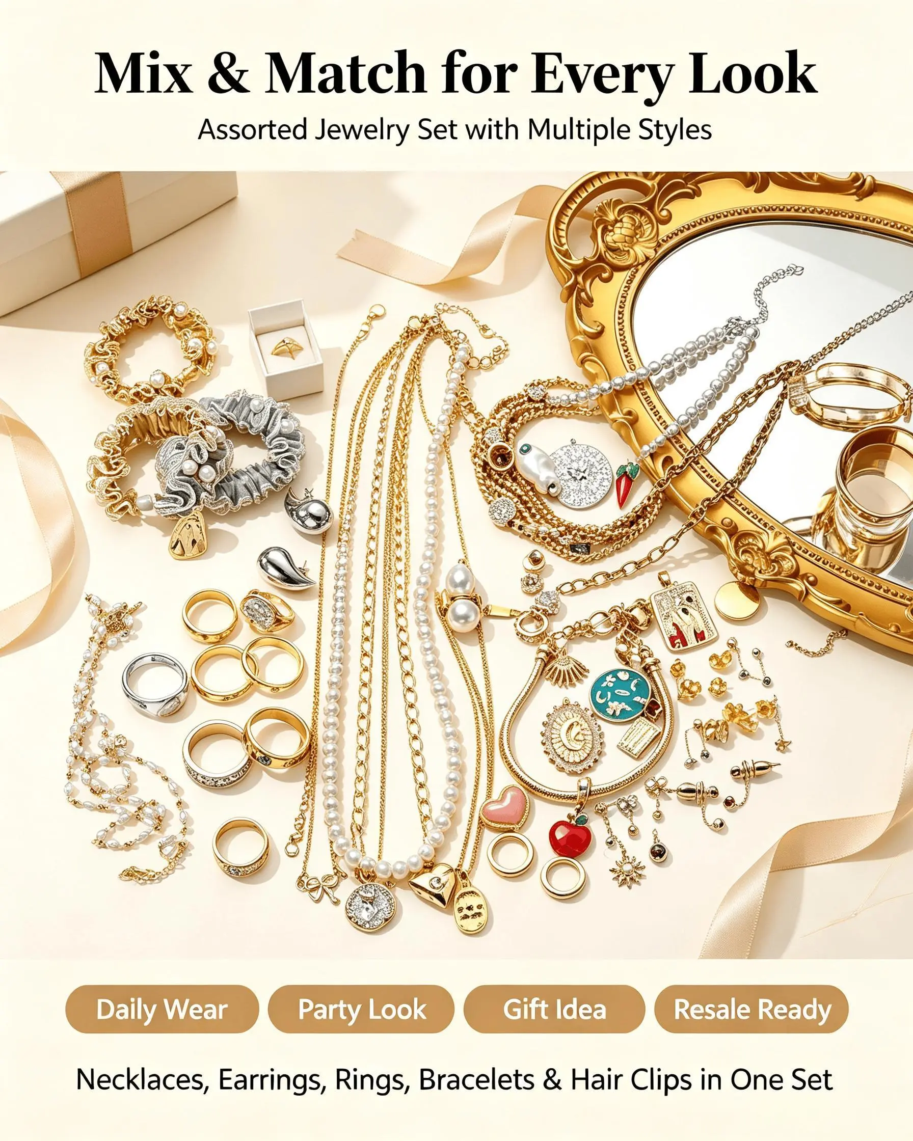 Surprise Jewelry Jar Random Mix, Gold/Silver/Gothic/Ocean Style Bulk Jewelry Set, 10-60Pcs Assorted Necklaces Rings Earrings Bracelets, Mystery Jewelry Pack Perfect For Daily Wear Gift Resale, Cute Fashion Women Costume Jewelry