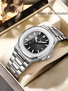 Luxury Automatic Men's Stainless Steel Watches, Rectangle Face Waterproof Quartz Movement, Ideal for Business & Daily Wear, Perfect Gift for Him