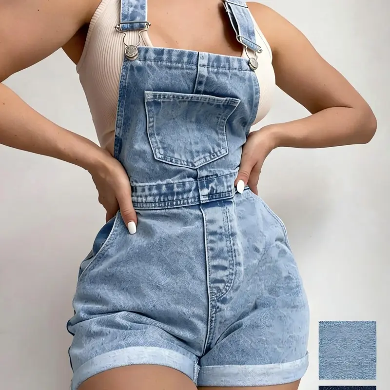 American Vintage Light Wash Light Blue Denim Strap Backless Casual Sleeveless Overalls Shorts, High-Waisted Roll-Up Hem Slimming Casual Style, Loose-Fitting Women's Summer Wear