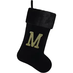 20 Inches Initial Monogram Christmas Stocking Personalized,Deluxe Black Velvet Body with Super Soft Plush Cuff Embroidered Letter,Holiday Season Decor(M)