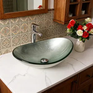 Lordear 21" Glass Bathroom Vessel Sink Vanity Countertop Oval Bowl with Chrome Pop up Drain Set, Glass Art Basin,Silver Foil