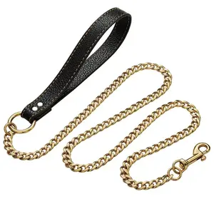 Strong Dog Chain Gold Leash Long 4FT 18K Stainless Steel 12mm Curb Cuban Link Dog Leash with Comfortable Genuine Leather Handle(Gold, 4FT)