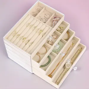 Premium 5-Tier Stackable Jewelry Box, Beige Acrylic Organizer with Soft Fabric Lining, Large Capacity Holder for Earrings, Necklaces, Rings & Bracelets