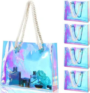4 count Large Holographic Clear Tote Bag Iridescent PVC with Rope Handles 11.8x15x4'' Stadium Approved Bag  Handbags for Concert Bridal Shower Bachelorette Party Wedding Gym Travel Beach