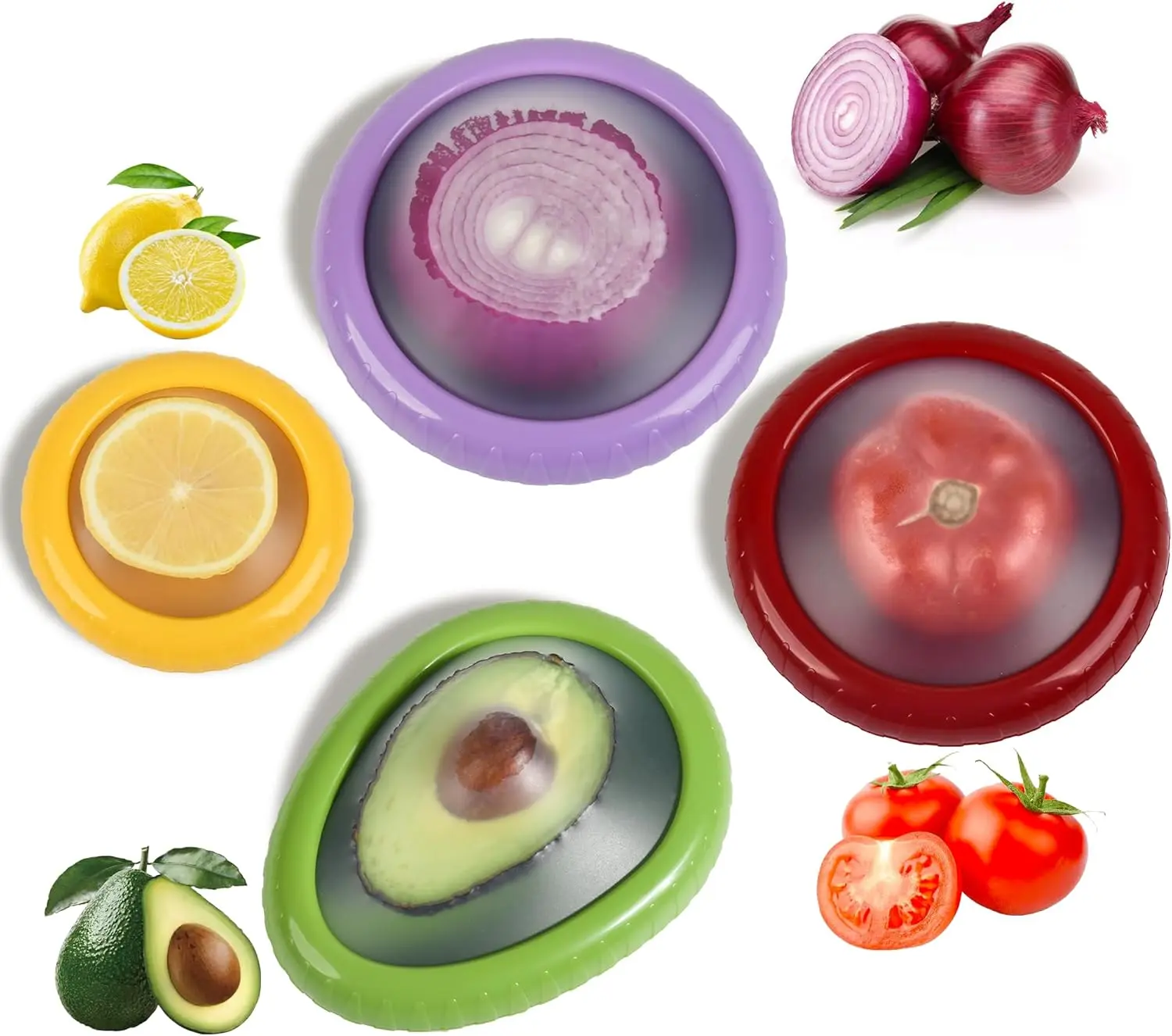 4Pcs Colorblock Silicone-Abs Kitchen Preservation Containers Set - Reusable, Leakproof, Plastic-Free, Lightweight Compact, Flexible with Lids, Avocado Saver, Onion Pods, Fridge Organization Tool, Anti-Oxidation, Dishwasher Safe Food Storage Solutions