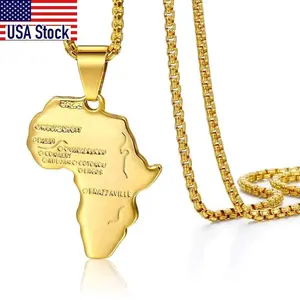 Punk Africa Map Pendant Necklace for Men Women Stainless Steel Gold Color African Map Fashion Jewelry Hip Hop