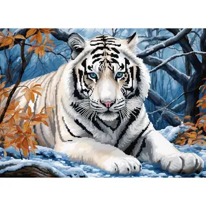 White Tiger Latch Hook Rug Kit for Adults DIY Craft with Printed Canvas Crochet Yarn Easy Carpet Cushion Tapestry for Home Floor Decoration Pets Pads 52x38cm