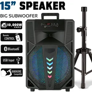 Portable Bluetooth Speaker with 15Inch Woofer TWS Function Mic Input USB/TF/FM Radio Colorful Lights Rechargeable Tripod Stand, Hi-Fi Sound, Indoor/Outdoor Use