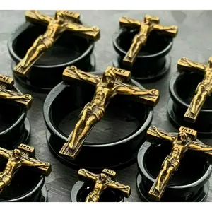 PAIR of Stunning Jesus Crucifixion Gold and Black Steel Screw Fit Tunnels/Plugs - Gauges 0g (8mm) thru 1" (25mm)