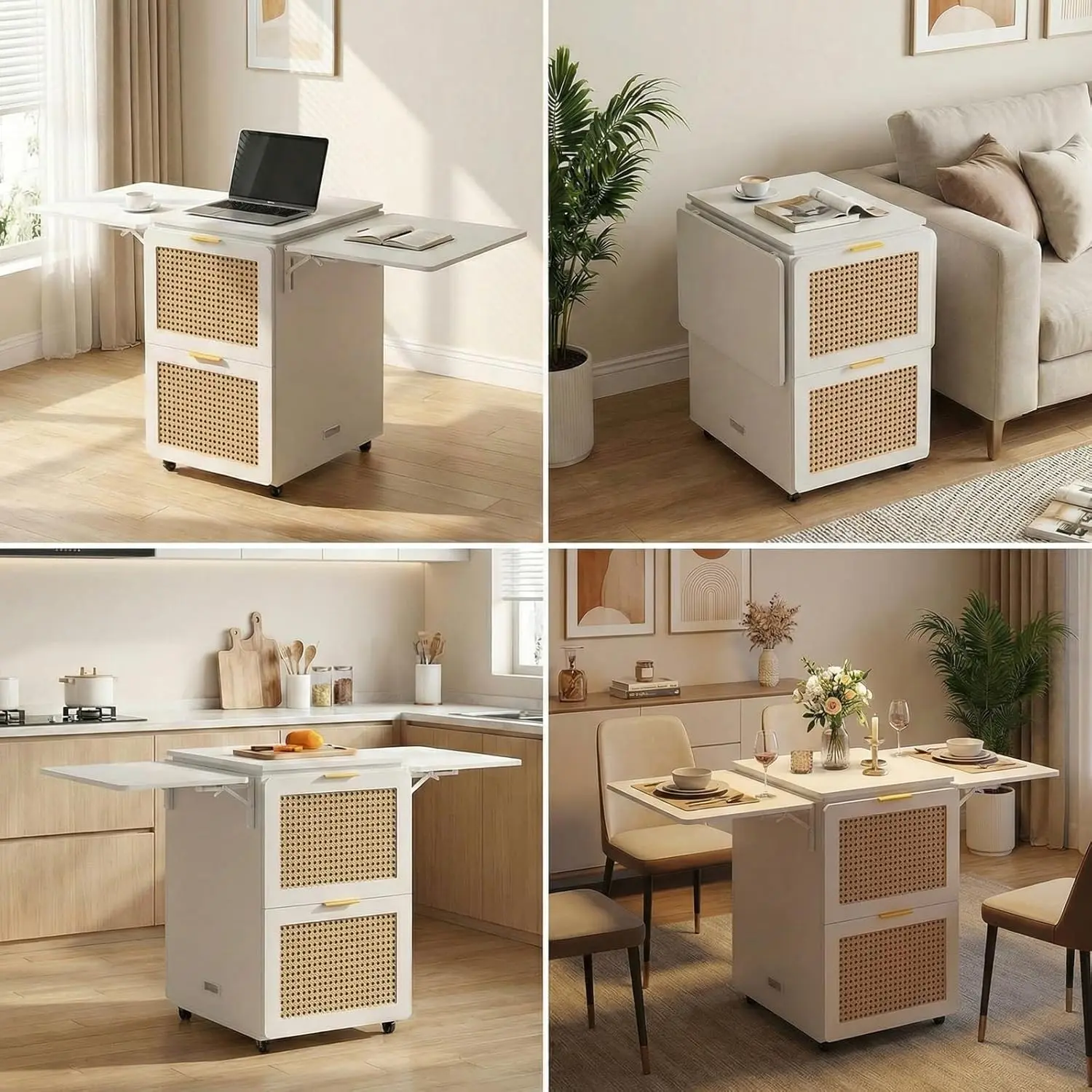 ModernMate 62.7 inches 360 Rotatable Adjustable Rolling Office Desk with Drawers, Foldable Design, 4-Drawer Compact Cabinet Storage Organizer, Built-in Charging Station, Wheels for Small Spaces Home Office Furniture