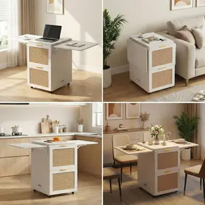 ModernMate 62.7" Foldable Rolling Office Desk - Home Office Furniture with 4-Drawer File Cabinet Storage, Built-in Charging Station, Wheels for Small Spaces