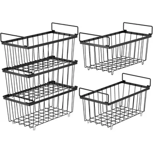 Deep Freezer Organizer Bins, 5 Pack Chest Freezer Baskets for 7 Cu.Ft, Stackable Wire Chest Freezer Organizer Bins for Small Food, with Handles for Meat and Veggies, Black